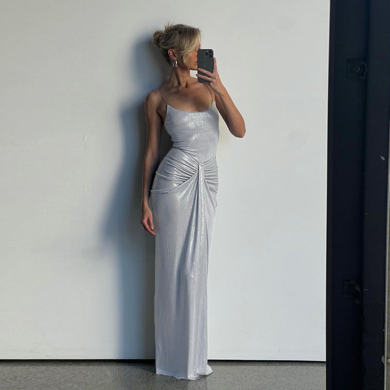 Shimmer Scoop-Neck Spaghetti-Strap Ruched Maxi Dress 3