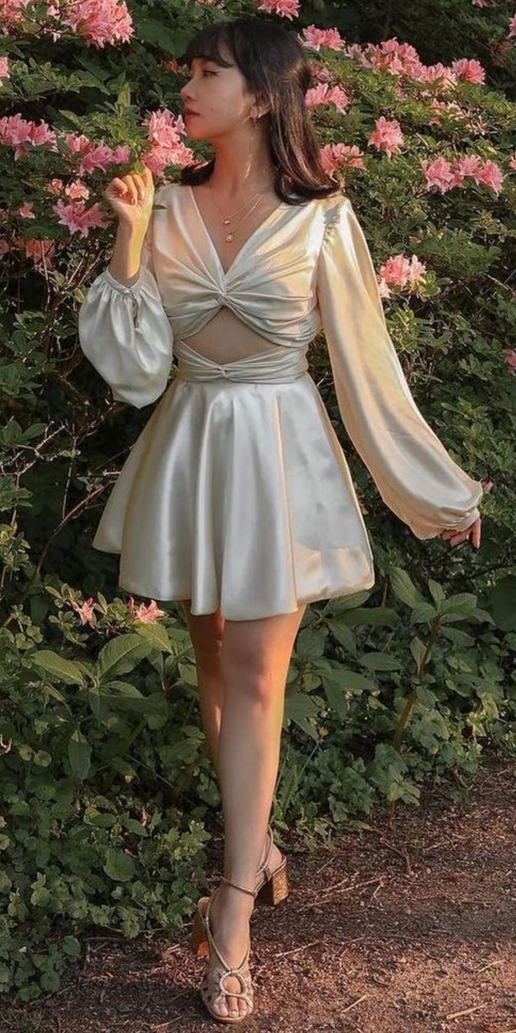 Classy Ivory Satin A Line Long Sleeves Short Party Dress Formal 8th Grade Homecoming Dress D218