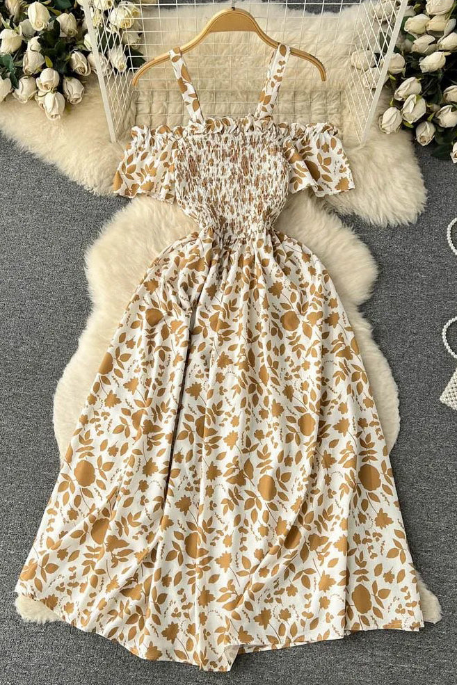 Romantic Floral Print Long Dress Off Shoulder Puff Sleeve Party Dress