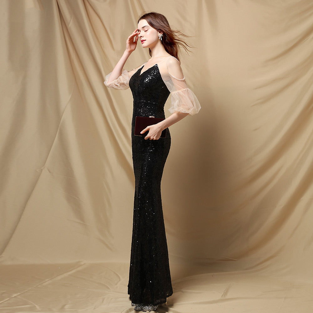 Embellished V-Neck Puff Sleeve Mermaid Gown