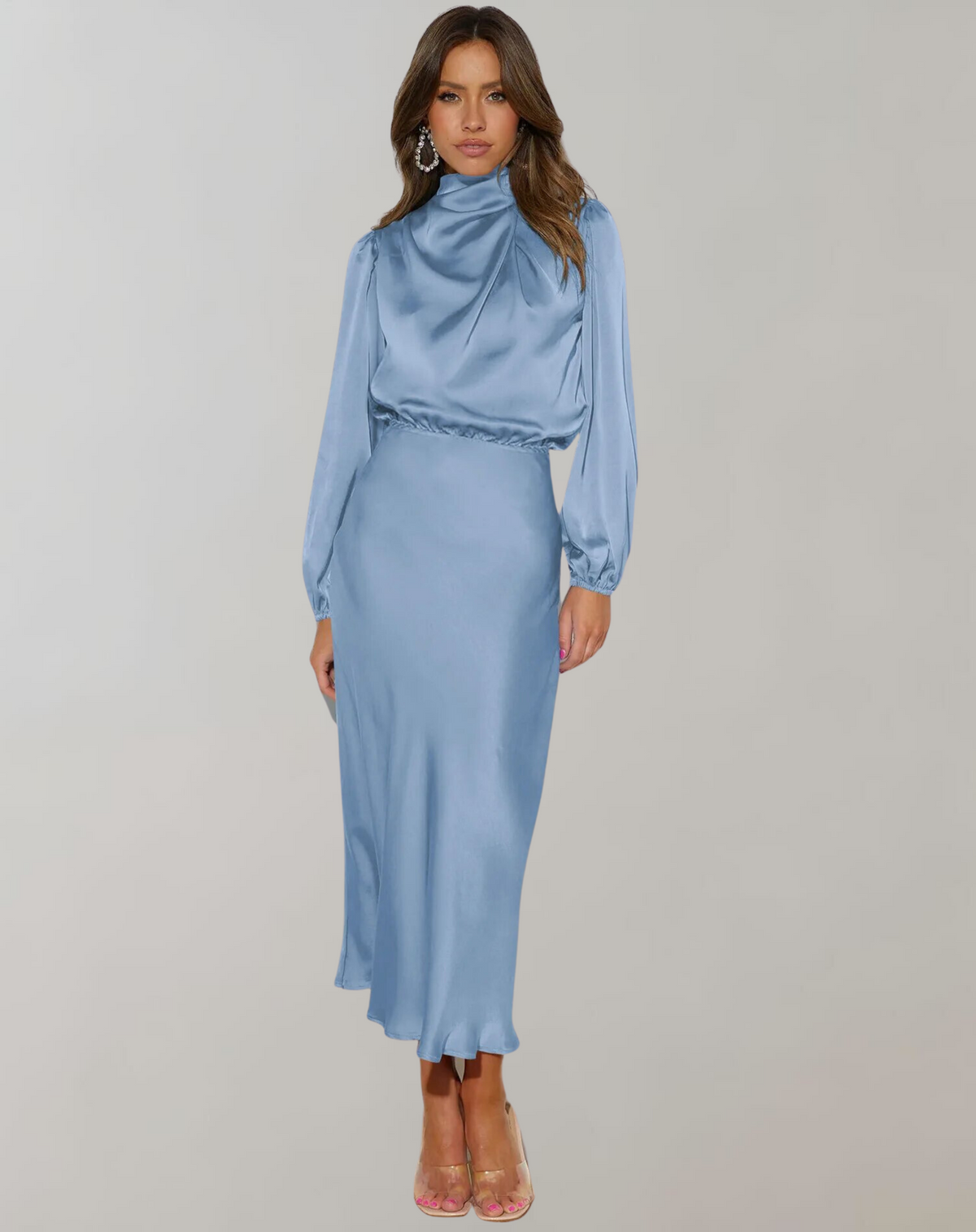 Satin Mock Neck Draped Bishop Sleeve Elastic Waist Midi Dress - View 5