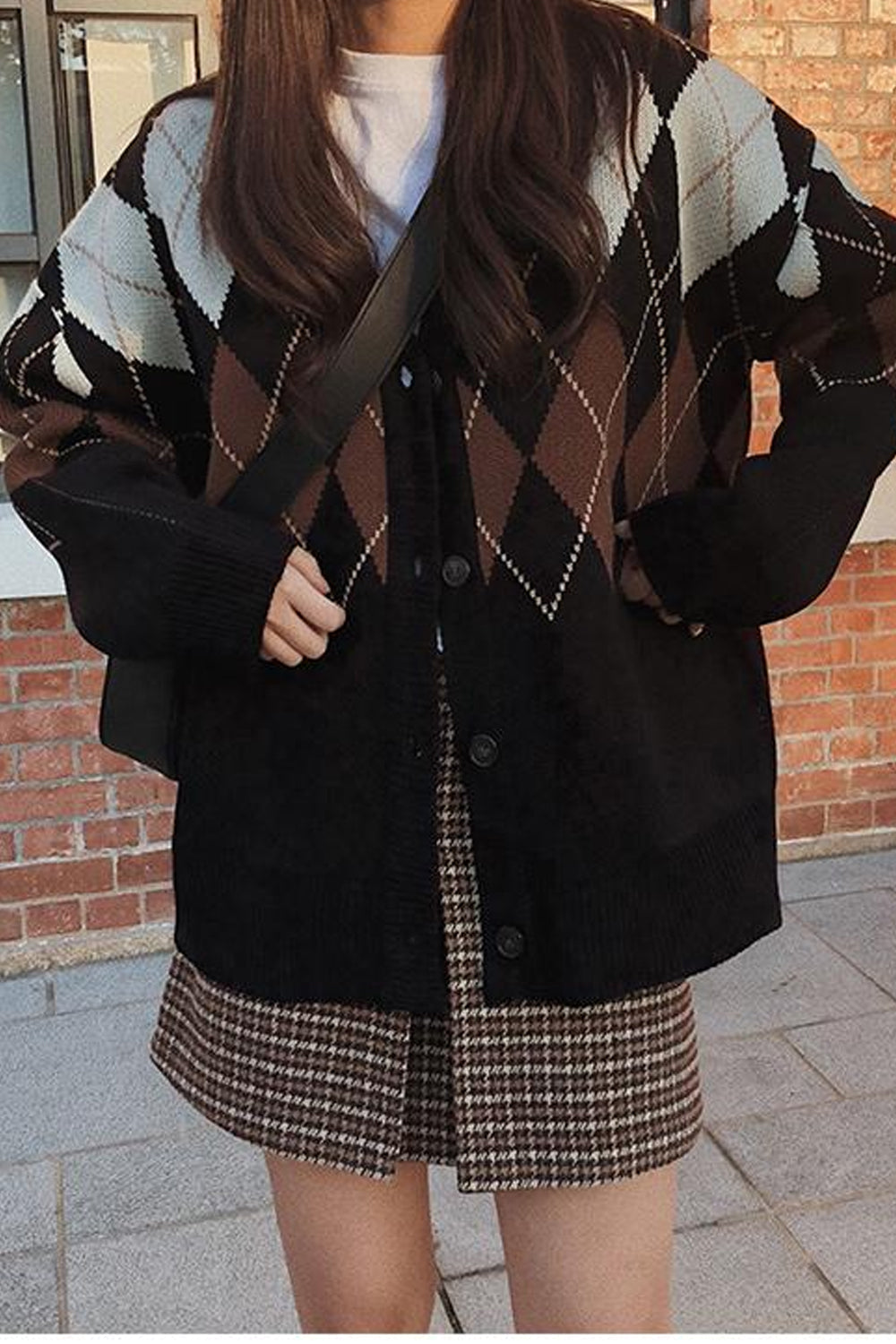 KittenAlarm - Loose Argyle Pattern Black Cardigan Sweater
