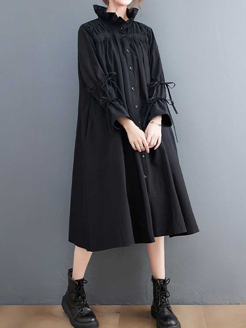 Ruffle-Collar Button-Front A-Line Swing Midi Dress 4