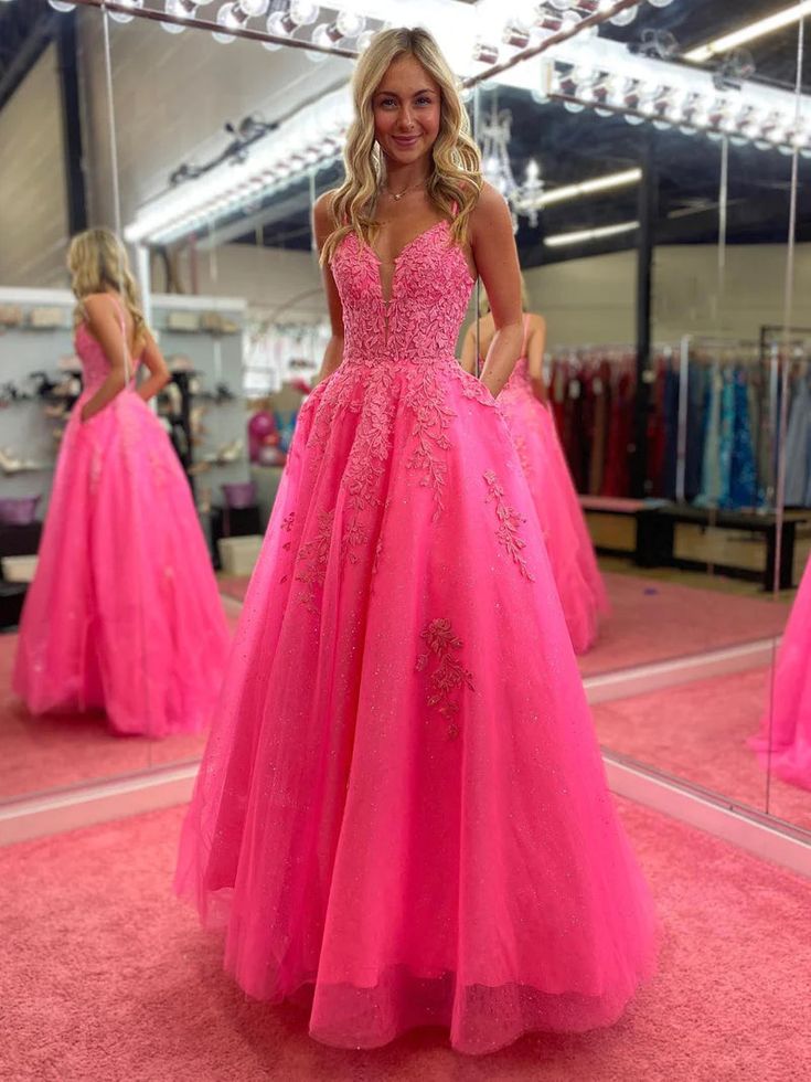 V Neck Pink A Line Lace Long Prom Dress - Fashionpara