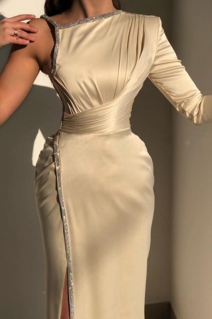 Elegant Ivory One-shoulder Long-Sleeve Sheath Prom Dresses with Sequins - Fashionpara