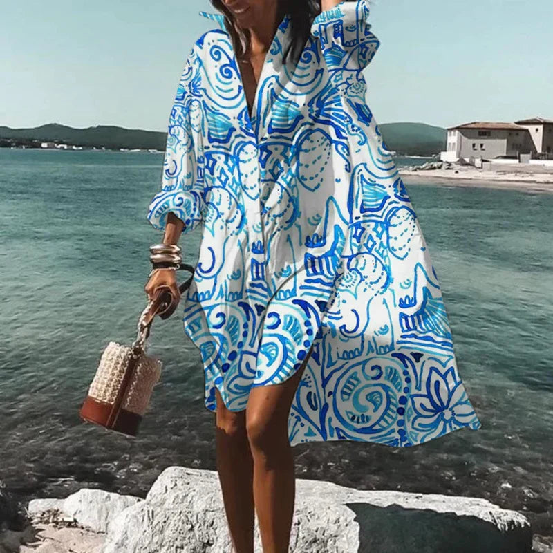 Tropical Floral Print Button Down Collar Mini Shirt Dress - View 2