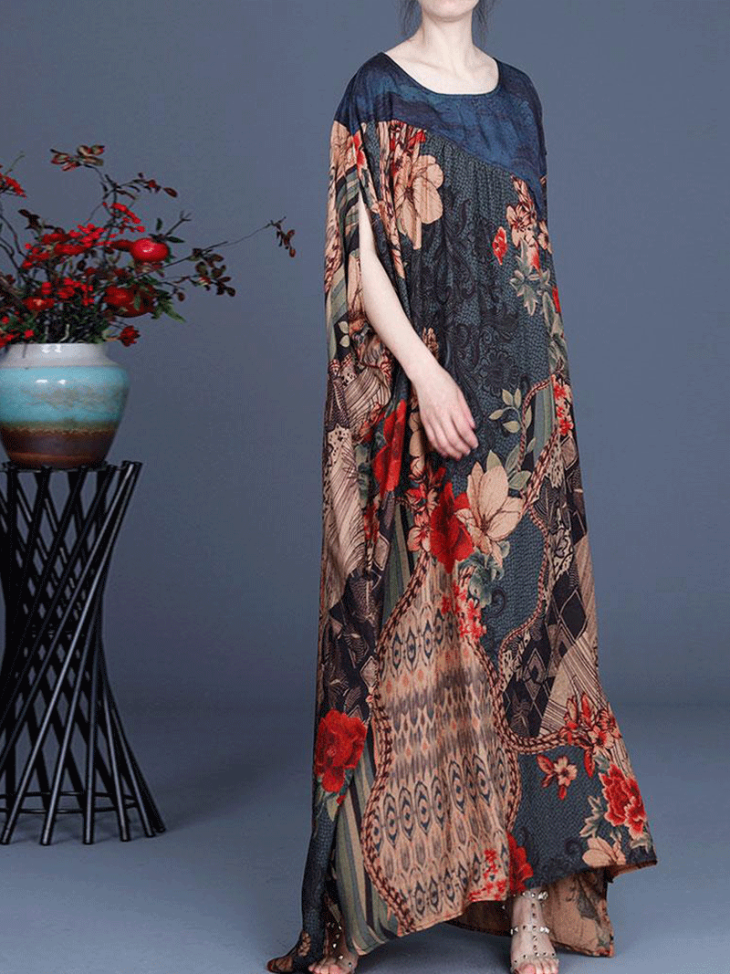 Floral Patchwork Print Round Neck Batwing Maxi Dress 4