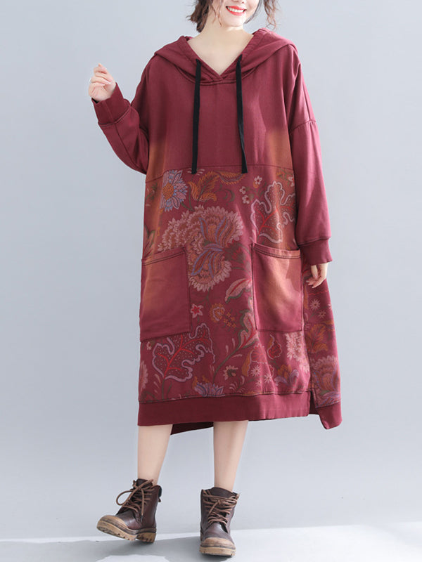 Jo V-Neck Hooded Sweatshirt Floral Prints Shift Dress - Fashionpara