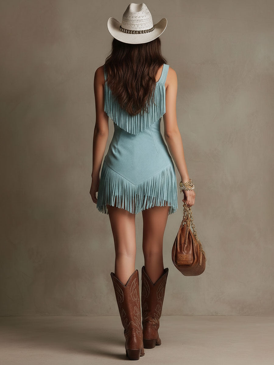 Fringe Trim Zip Front Suede Mini Dress 6
