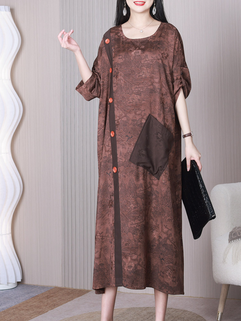 Jacquard Round Neck Button-Trim Patch-Pocket Midi Dress