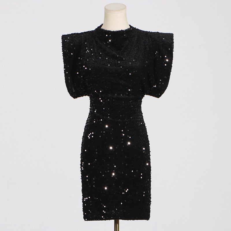 Crew Neck Sequin Padded-Shoulder Bodycon Mini Dress 2