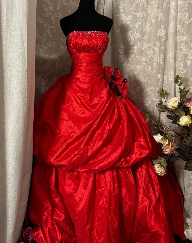 A Line Red Strapless Vintage Prom Dress Long Evening Dress - Fashionpara