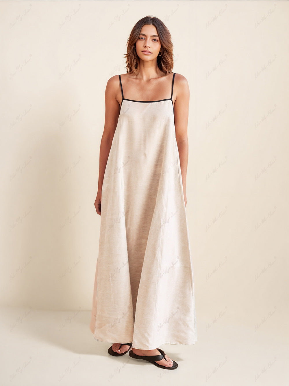 Linen Contrast Trim Strappy A-Line Maxi Dress 3