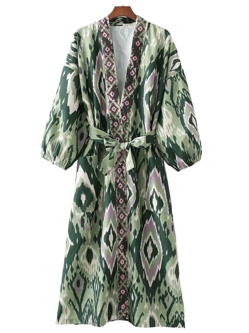 Printed Green Color Polyester Long Length Gown Kimono Duster Robe - Fashionpara