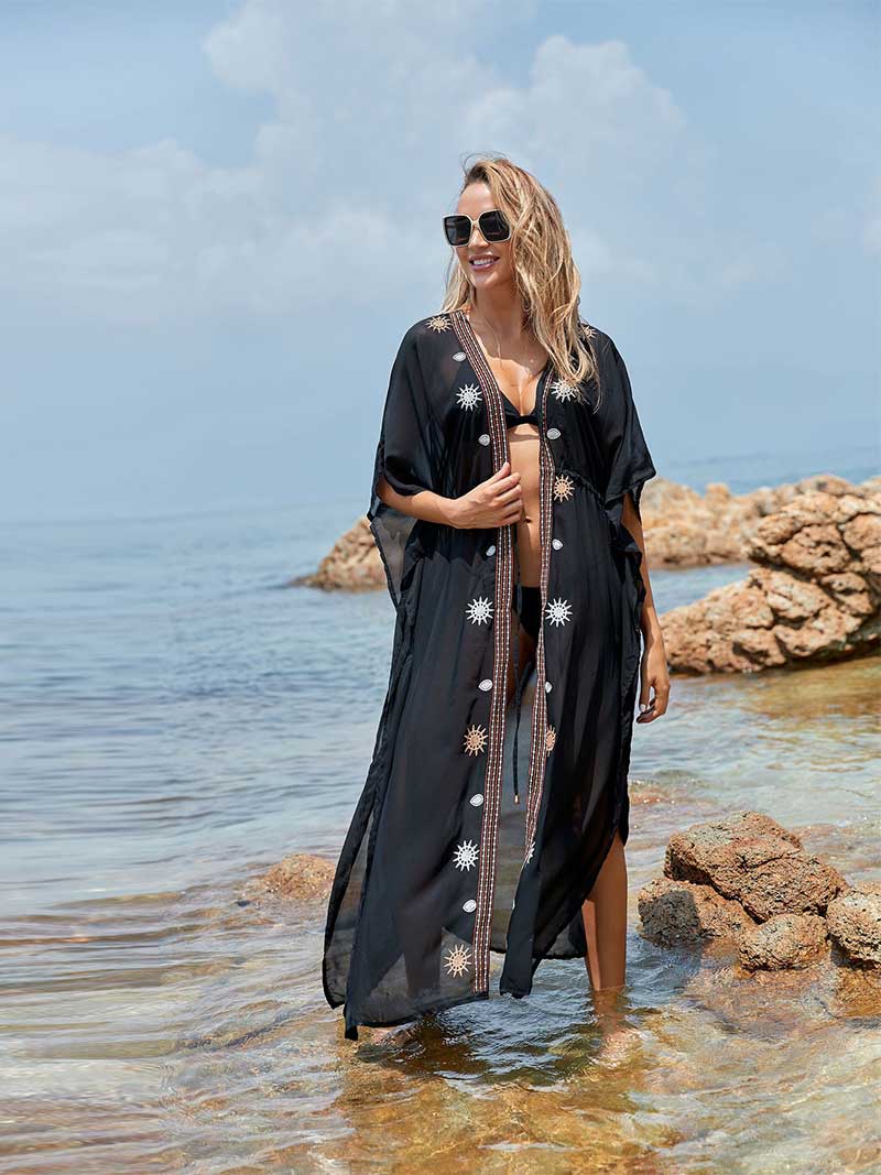 Partywear Embroidered Black Color Chiffon Long Length Gown Kimono Duster Robe - Fashionpara