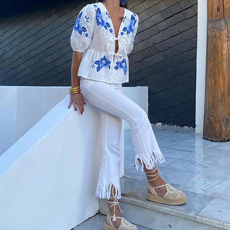 Floral-Print Loose V-Neck Lace-Up Ruffled Top - Fashionpara