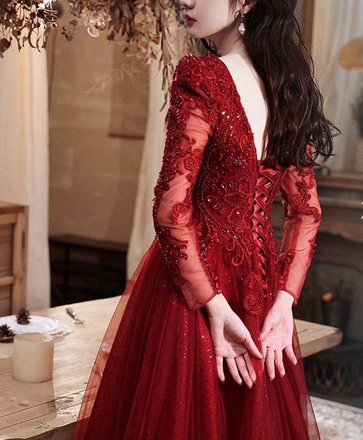 Burgundy Aline Lace Long Prom Dress, Burgundy Tulle Formal Graduation Dress - Fashionpara