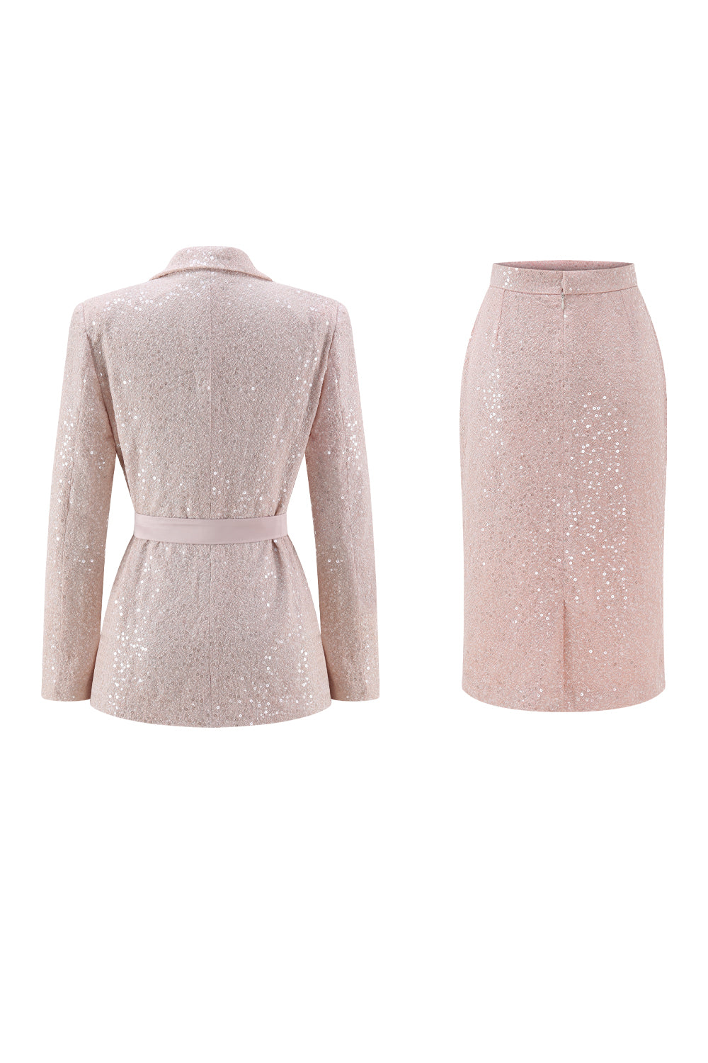 Sparkly Pink Sequin 2 Piece Pencil Midi Prom Suits with Sash