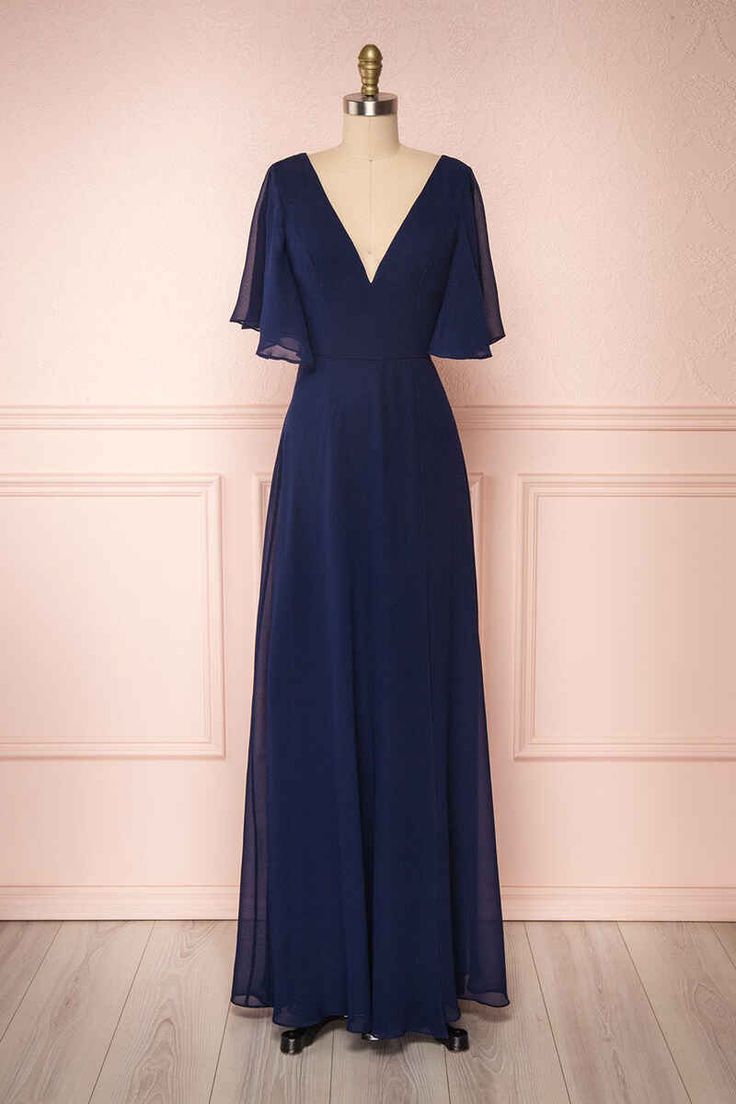 Navy Blue Chiffon V-Neck Ruffled Sleeve Long Bridesmaid Dress - Fashionpara