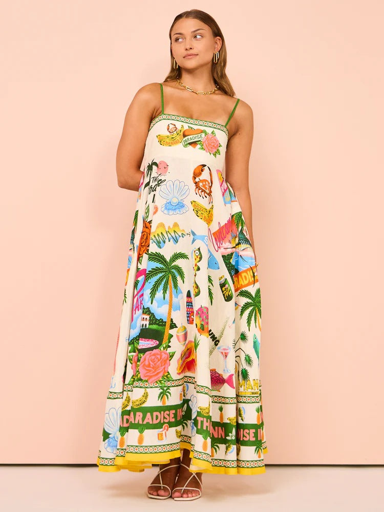 Novelty-Print Square-Neck Strappy Tiered Maxi Dress 2