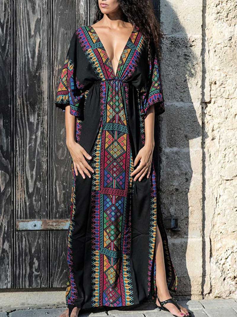 Bohemian Print Cotton Short Sleeves Kaftan Dress - Fashionpara