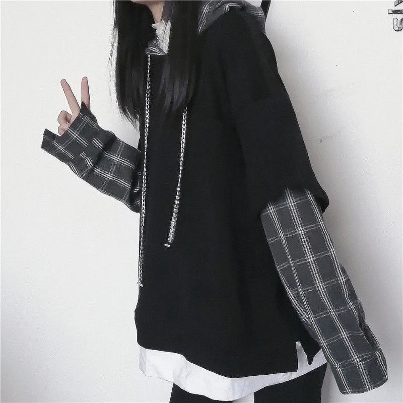 KittenAlarm - Long Sleeve Hip Hop Sleeve Plaid Hoodie