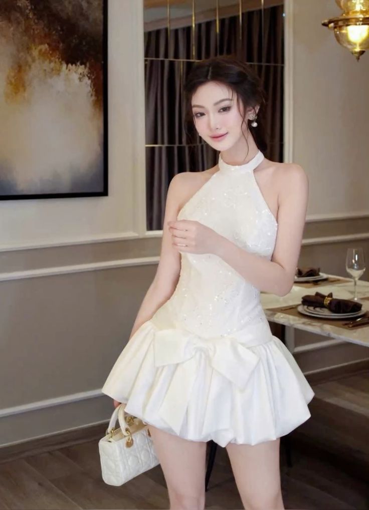A Line White Halter Short Prom Dress Birthday Party Dress Homecoming Dress - Fashionpara