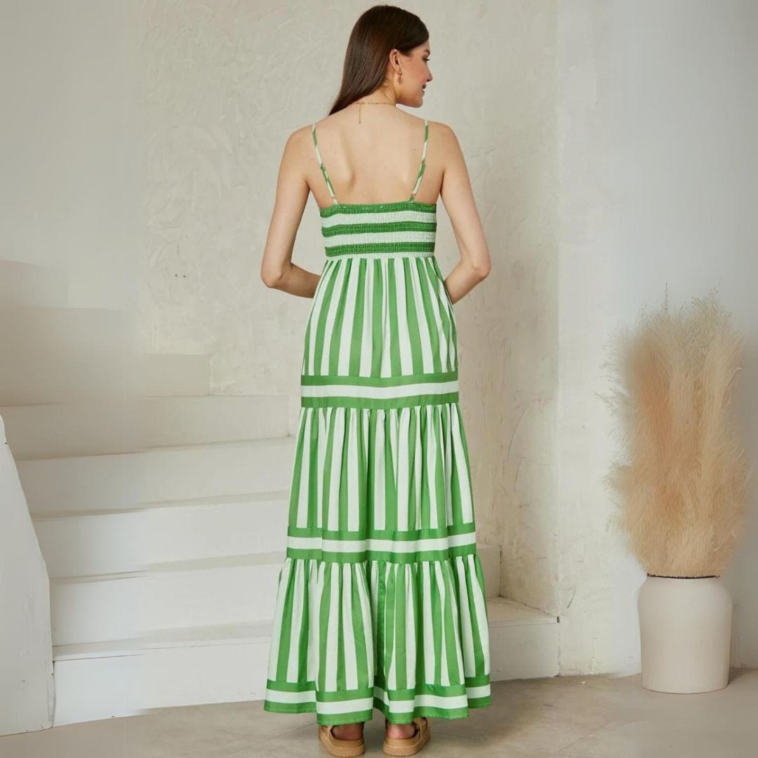 Spaghetti Strap Square Neck Tiered Stripe Maxi Dress - View 4