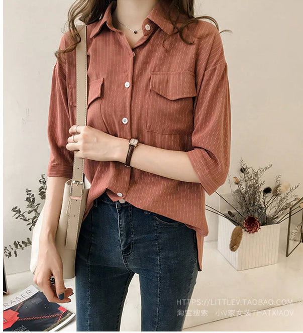 KittenAlarm - Half Sleeve Casual Striped Blouse Shirt