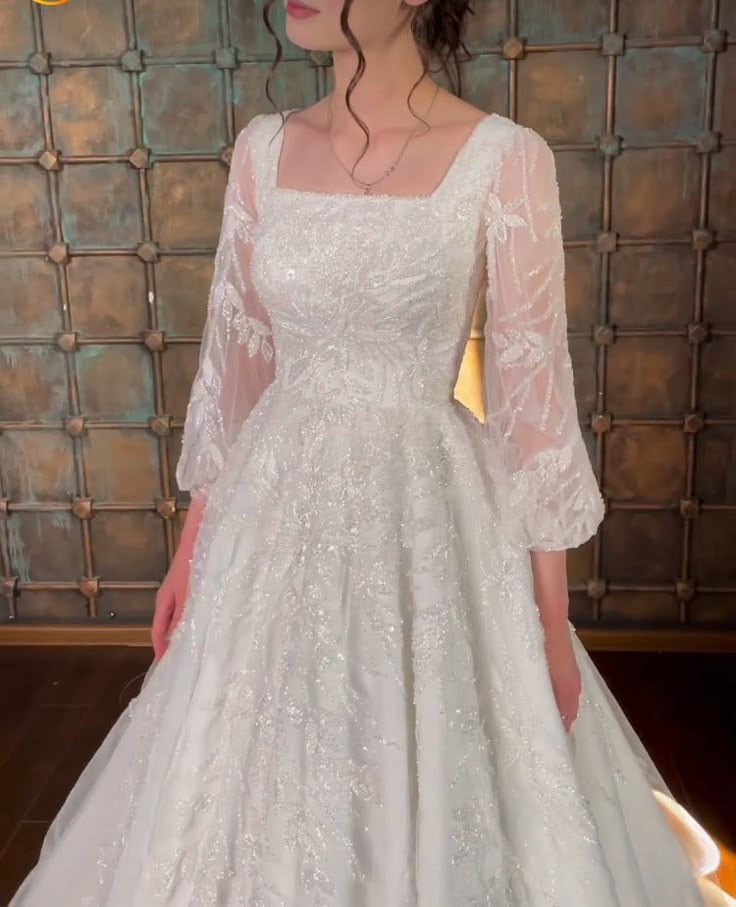 A Line White Square Neck Long Princess Wedding Dress