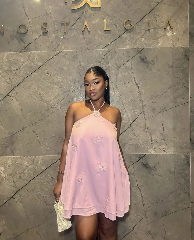 Pink Asymmetrical 3D Flower Halter Mini Dress, Elegant Summer Women's Party Dress - Fashionpara