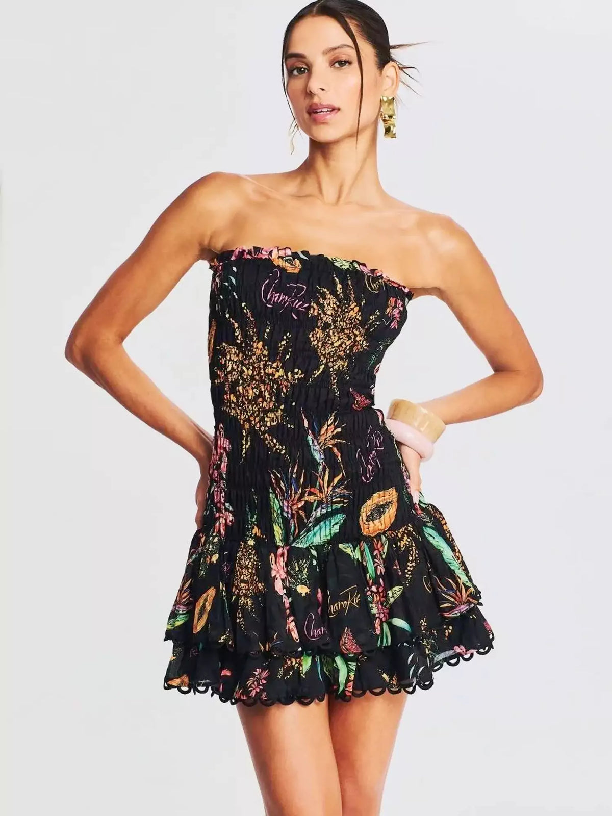 Floral Print Strapless Smocked Tiered Mini Dress