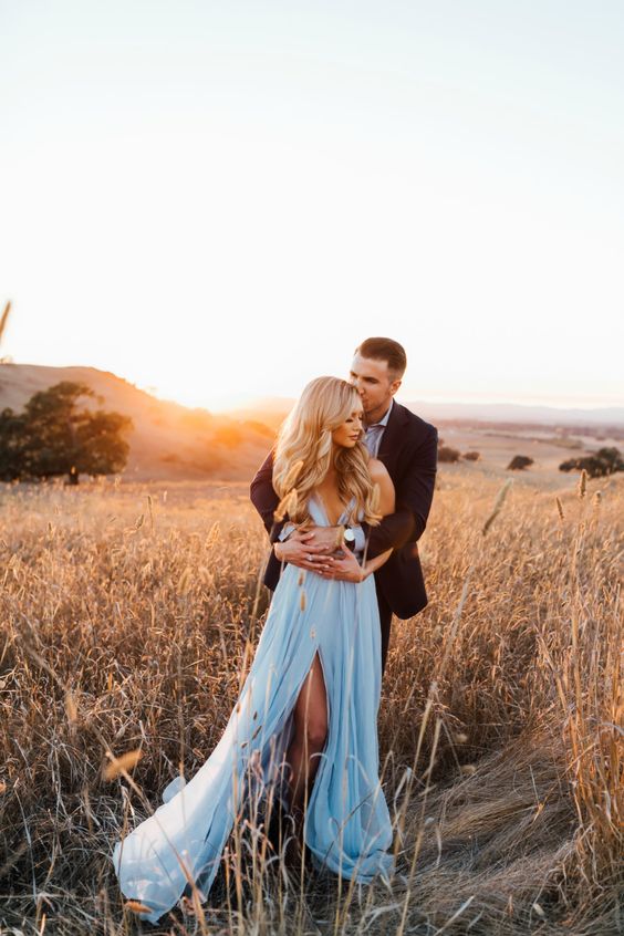 Sky Blue Chiffon Split Beach Wedding Dress With Court Train Prom Dresses