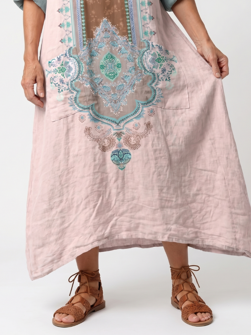 Placement Print V-Neck Pocket Kaftan Midi Dress 2