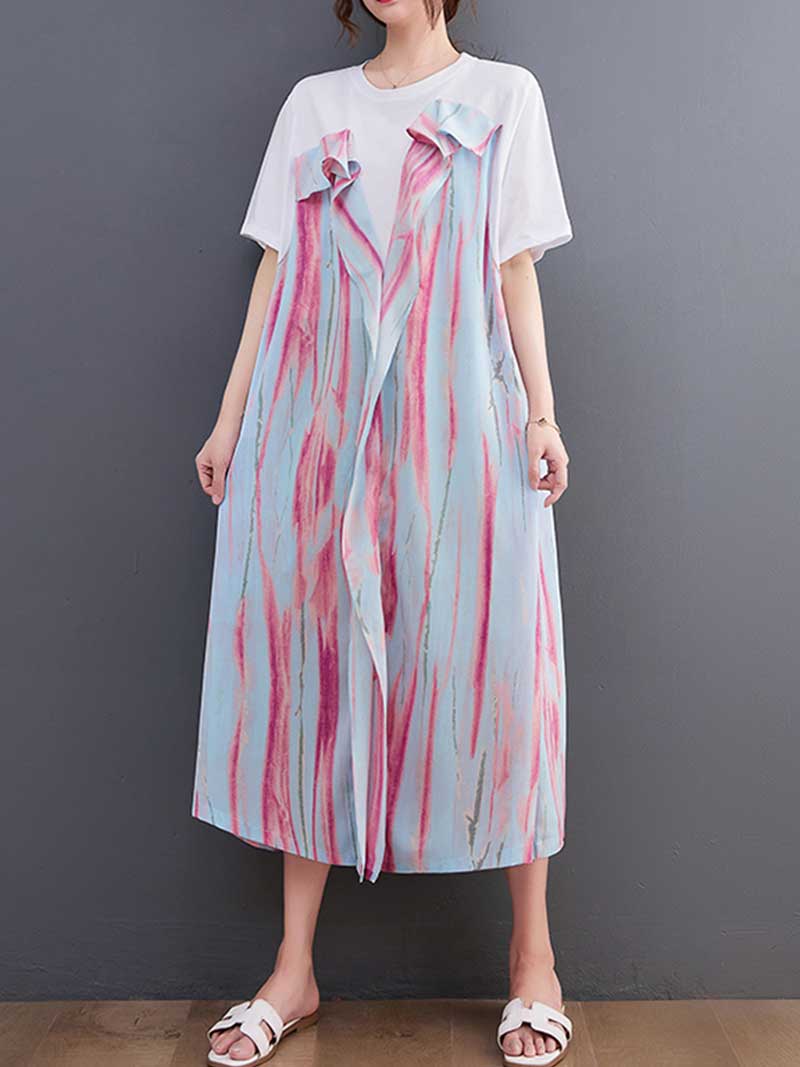 Cotton Tie-Dye Print Short Sleeves Midi Dress - Fashionpara
