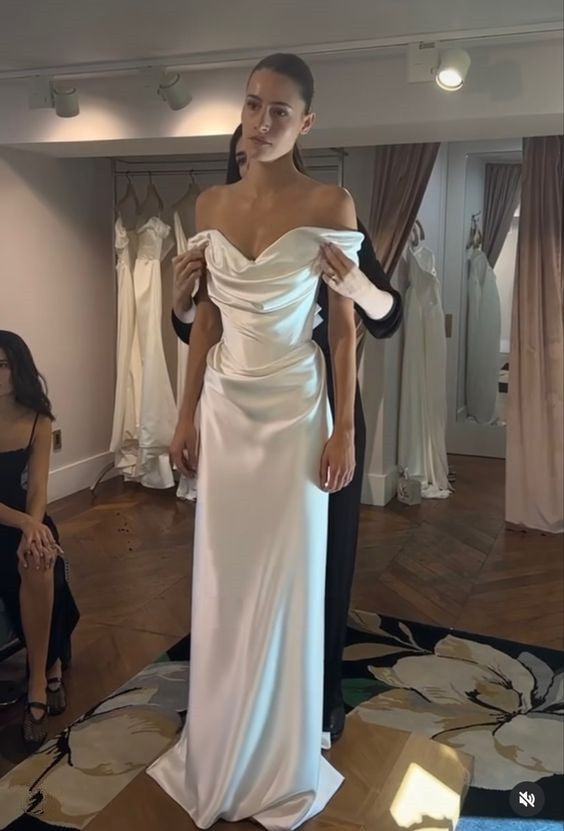 Sexy Sheath Off The Shoulder Satin Long Wedding Dresses