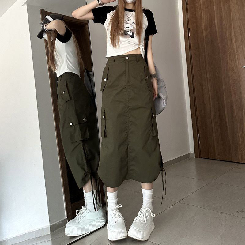 High Waist Cargo Pockets Long Skirts - Fashionpara