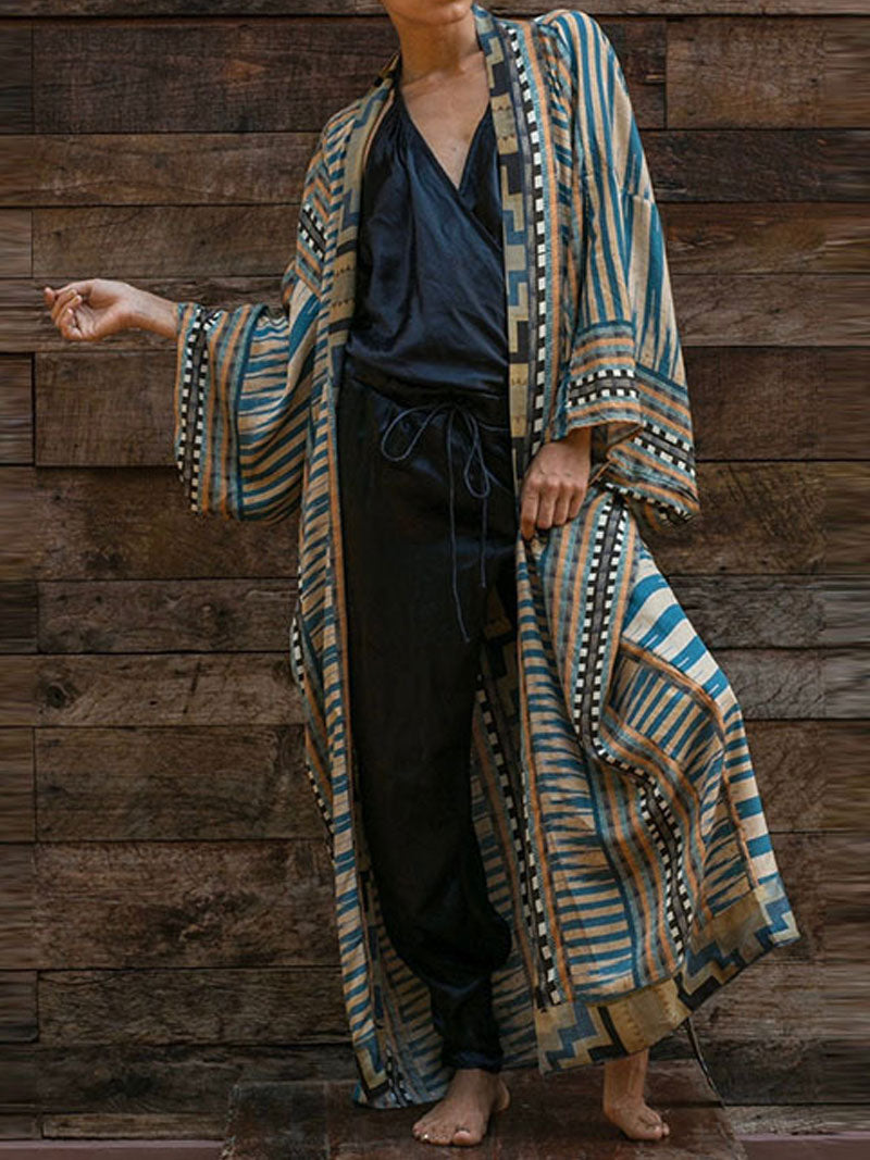 Printed Red & Blue Color Cotton Long Length Gown Kimono Duster Robe - Fashionpara