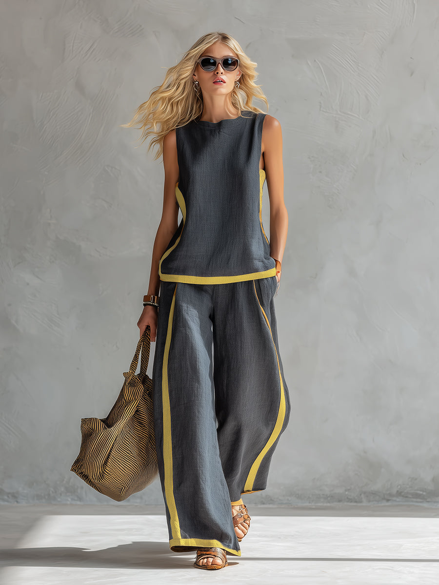Sleeveless Contrast Trim Top and Wide Leg Pants Two Piece Set