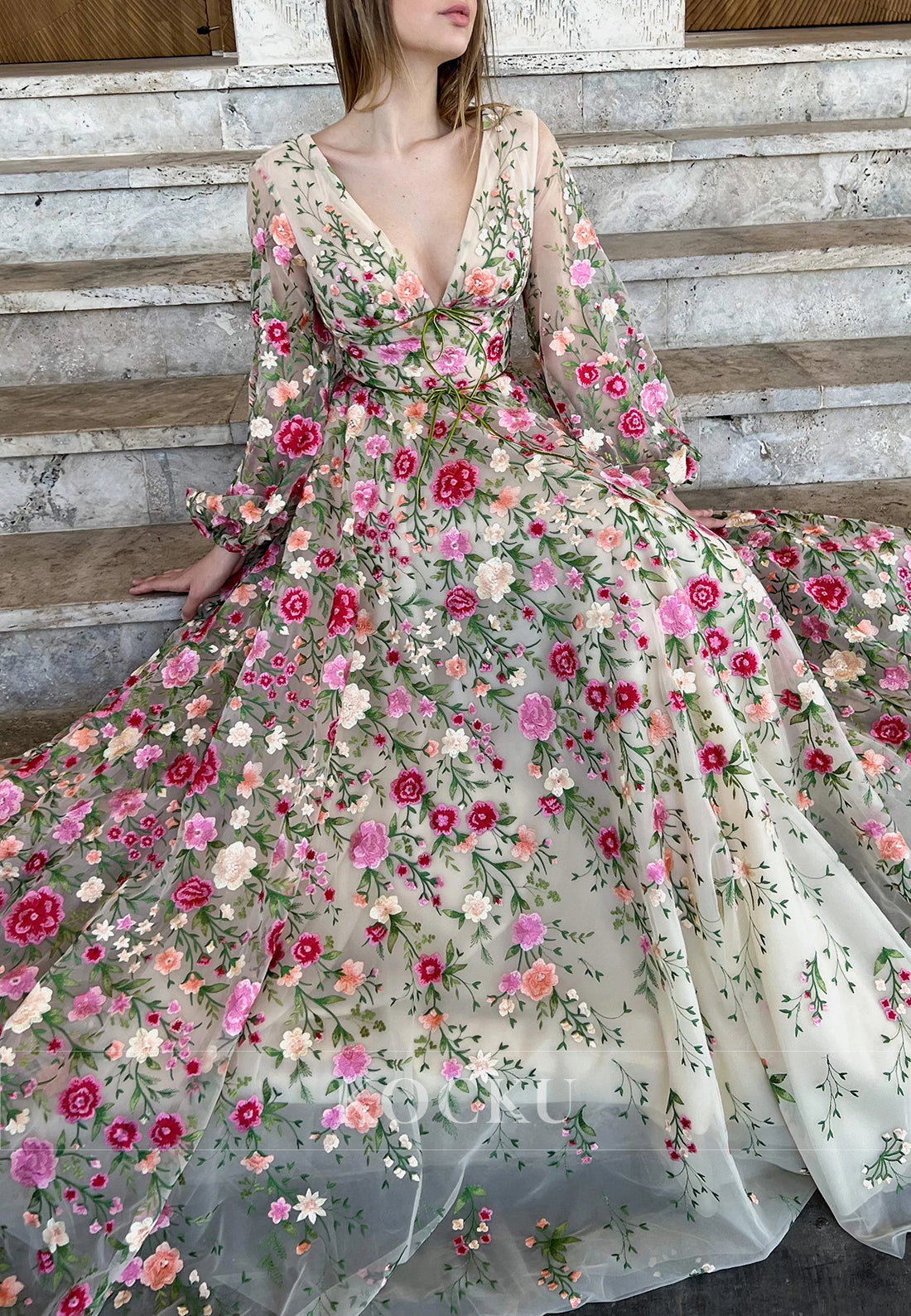 A-Line Long Sleeve V Neck Pleated Floral Embroidered Prom Dresses