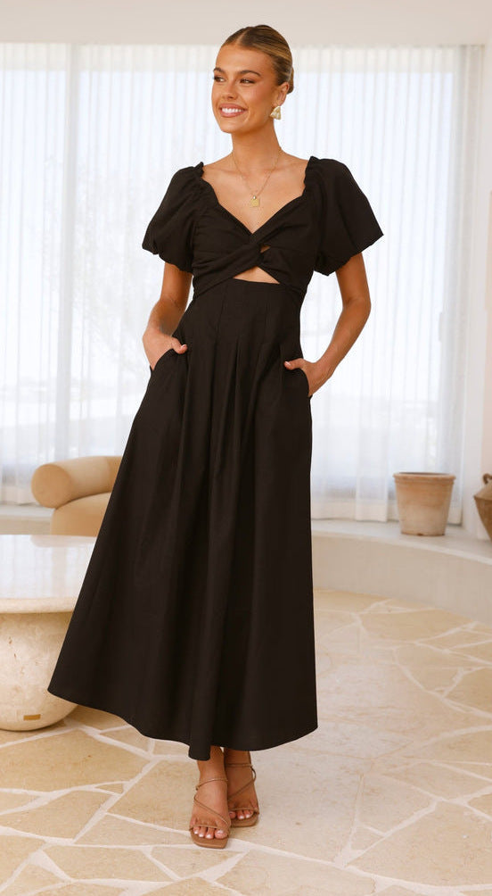 Sweetheart Puff-Sleeve Twist-Front Cut-Out Midi Dress 2