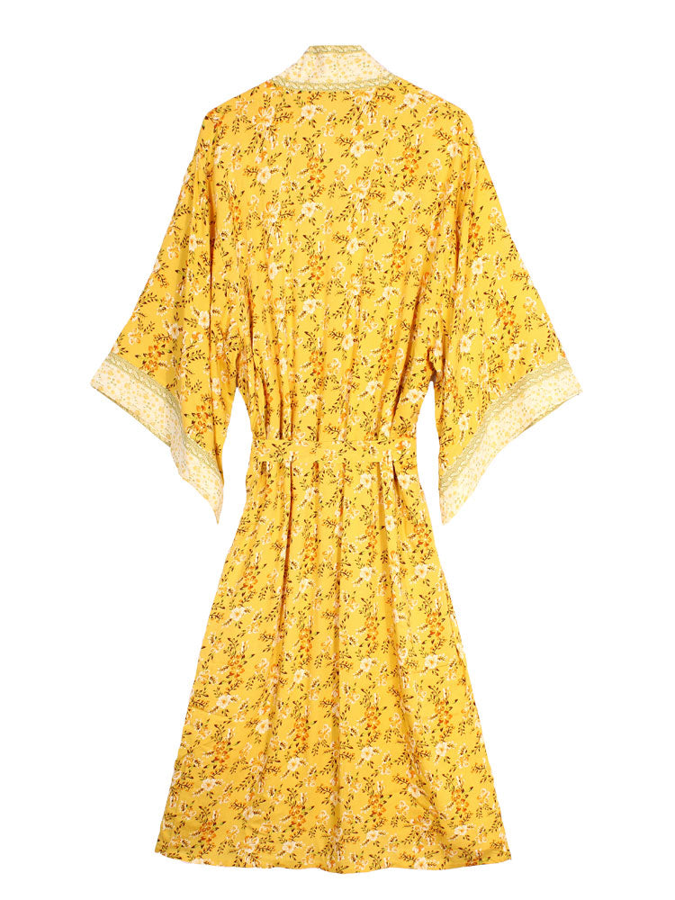 Bridal Party Wear Floral Print Yellow Color Cotton Long Length Gown Robe Kimono