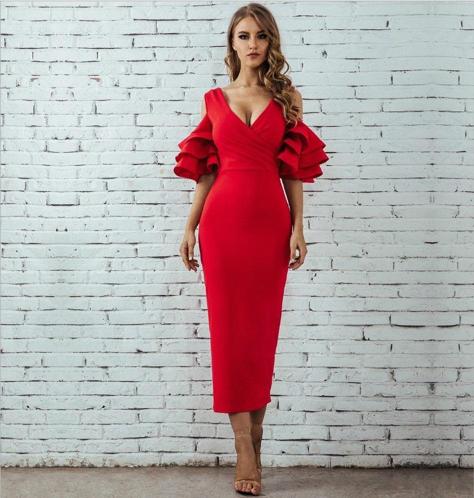 Hanging Ruffled Sleeves Bodycon Bandage Dress - Fashionpara