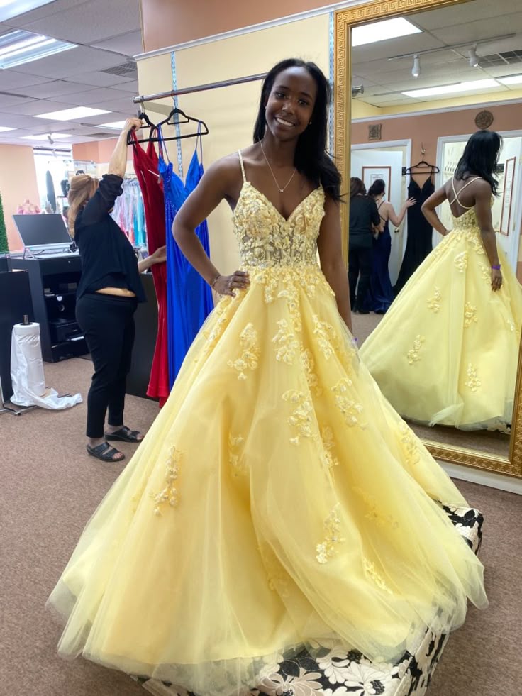 A Line Yellow Tulle Prom Dress Long Evening Dress - Fashionpara