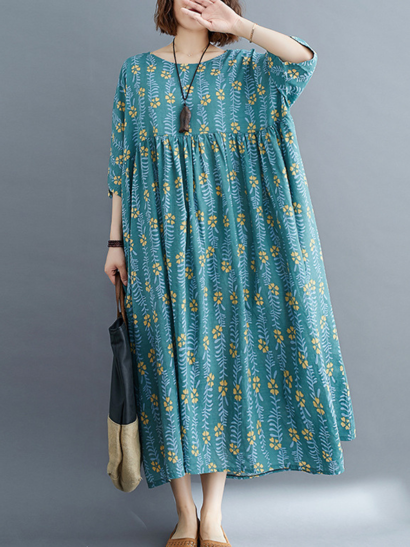 women summer loose round neck print short-sleeved plus size mid-length smocked dress - Fashionpara