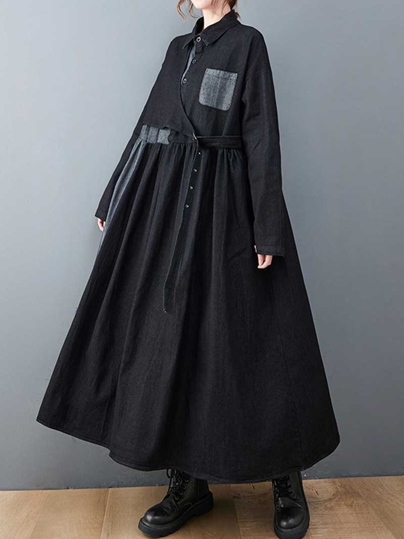 Contrast Panel Collared Long Sleeve Belted Shirt Dress 3