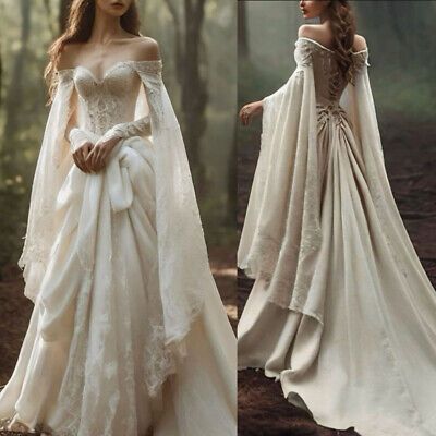 Vintage Off The Shoulder Wedding Dress with Cape Lace Up Lace Applique Bridal Dress