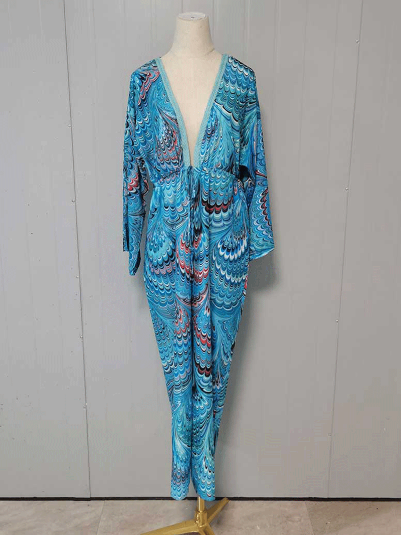 Printed Blue Color Polyester Long Length Gown Kimono Duster Robe - Fashionpara
