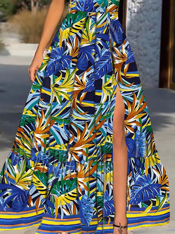 Leaf Print Deep V Neck Slit Sling Dress