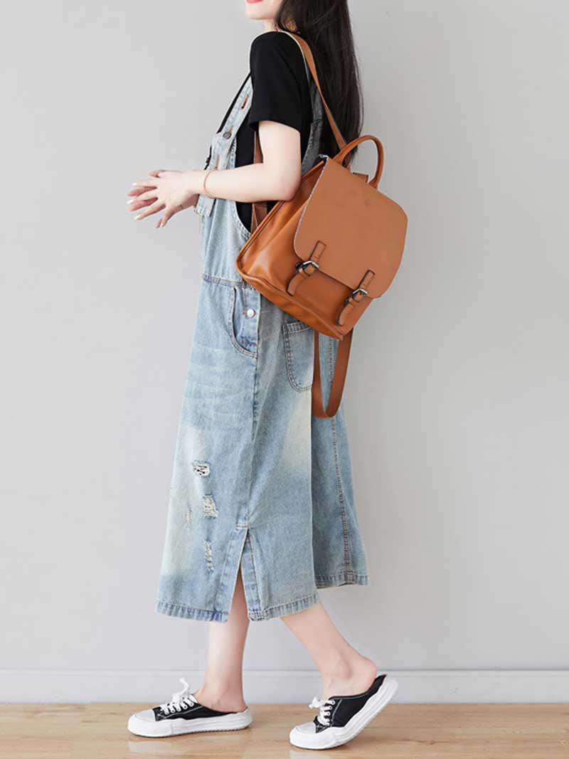 Distressed Denim Bib Pinafore Overall Midi Dress 3
